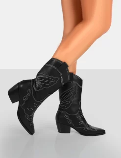 Howdy Black PU Pointed Toe Western Cowboy Block Ankle Boots 7 Howdy Black PU Pointed Toe Western Cowboy Block Ankle Boots -Chic Step Shop 771A7731