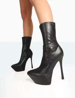 Vegas Black Grain Pointed Stiletto Platform Heeled Ankle Boots -Chic Step Shop 771A7847