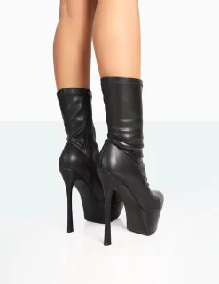 Vegas Black Grain Pointed Stiletto Platform Heeled Ankle Boots -Chic Step Shop 771A7849
