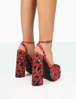 Moonchild Floral Satin Closed Toe Statement Platform Block Heels -Chic Step Shop 771A7952