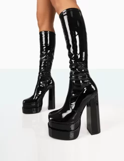 Passive Wide Fit Black Patent Square Toe Platform Block High Heel Over The Knee Boots -Chic Step Shop 771A7957