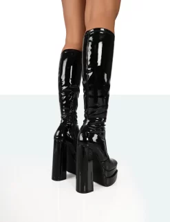 Passive Wide Fit Black Patent Square Toe Platform Block High Heel Over The Knee Boots -Chic Step Shop 771A7959