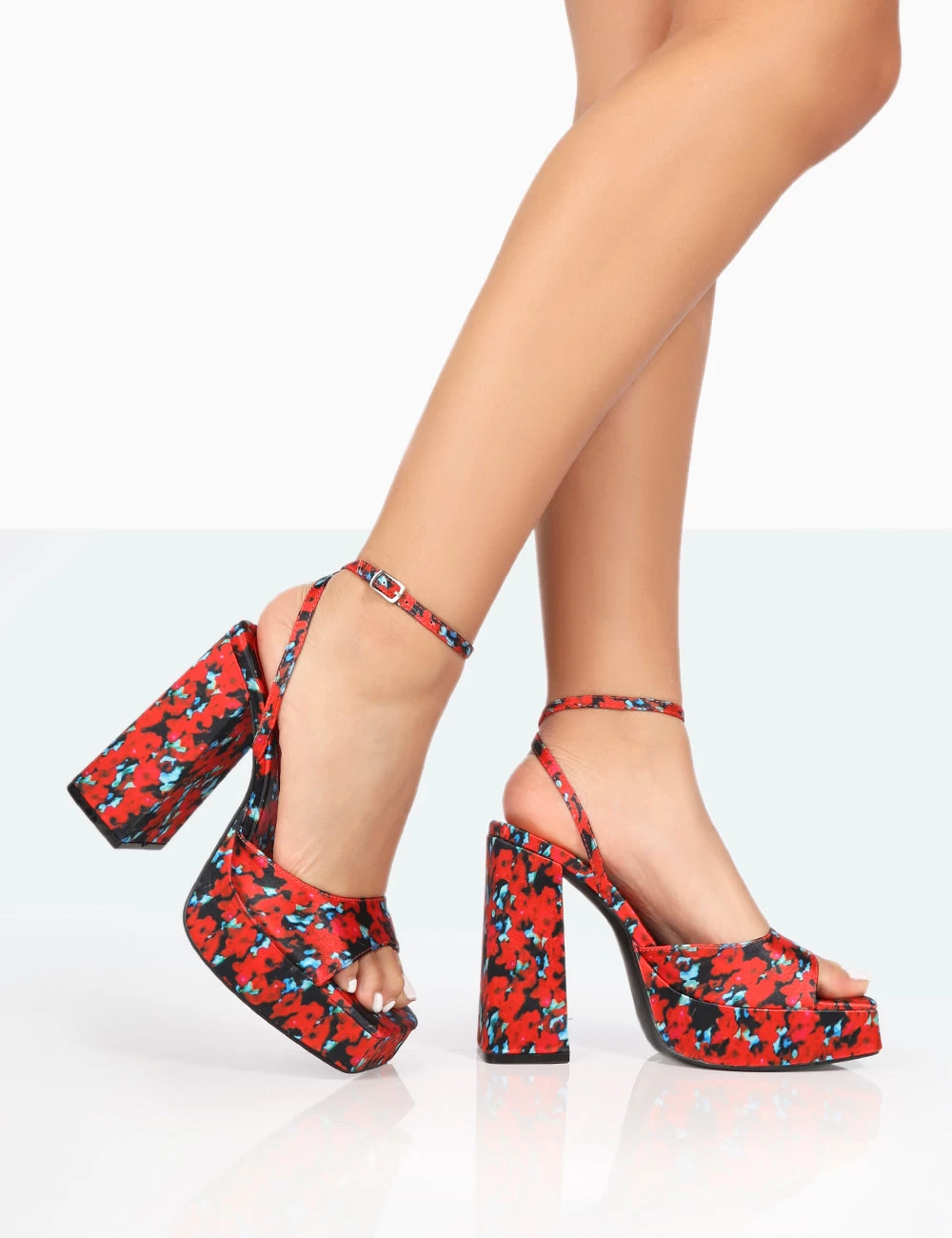 Lyle Red Floral Satin Square Toe Block Platform High Heels 1 Lyle Red Floral Satin Square Toe Block Platform High Heels