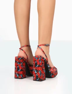 Lyle Red Floral Satin Square Toe Block Platform High Heels 6 Lyle Red Floral Satin Square Toe Block Platform High Heels -Chic Step Shop 771A8158