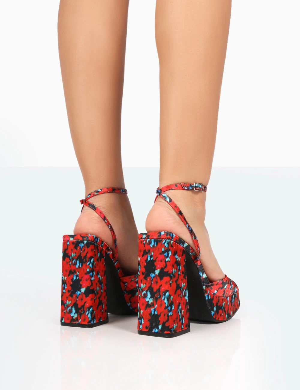 Lyle Red Floral Satin Square Toe Block Platform High Heels 3 Lyle Red Floral Satin Square Toe Block Platform High Heels - Image 3