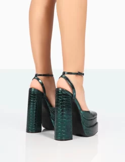 Moonchild Metallic Emerald Green Croc Closed Toe Statement Platform Block Heels -Chic Step Shop 771A8176
