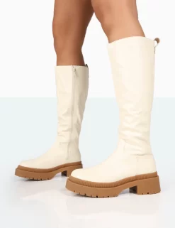 Jersey Ecru Pu Contrasting Chunky Sole Knee High Boots -Chic Step Shop 771A8242