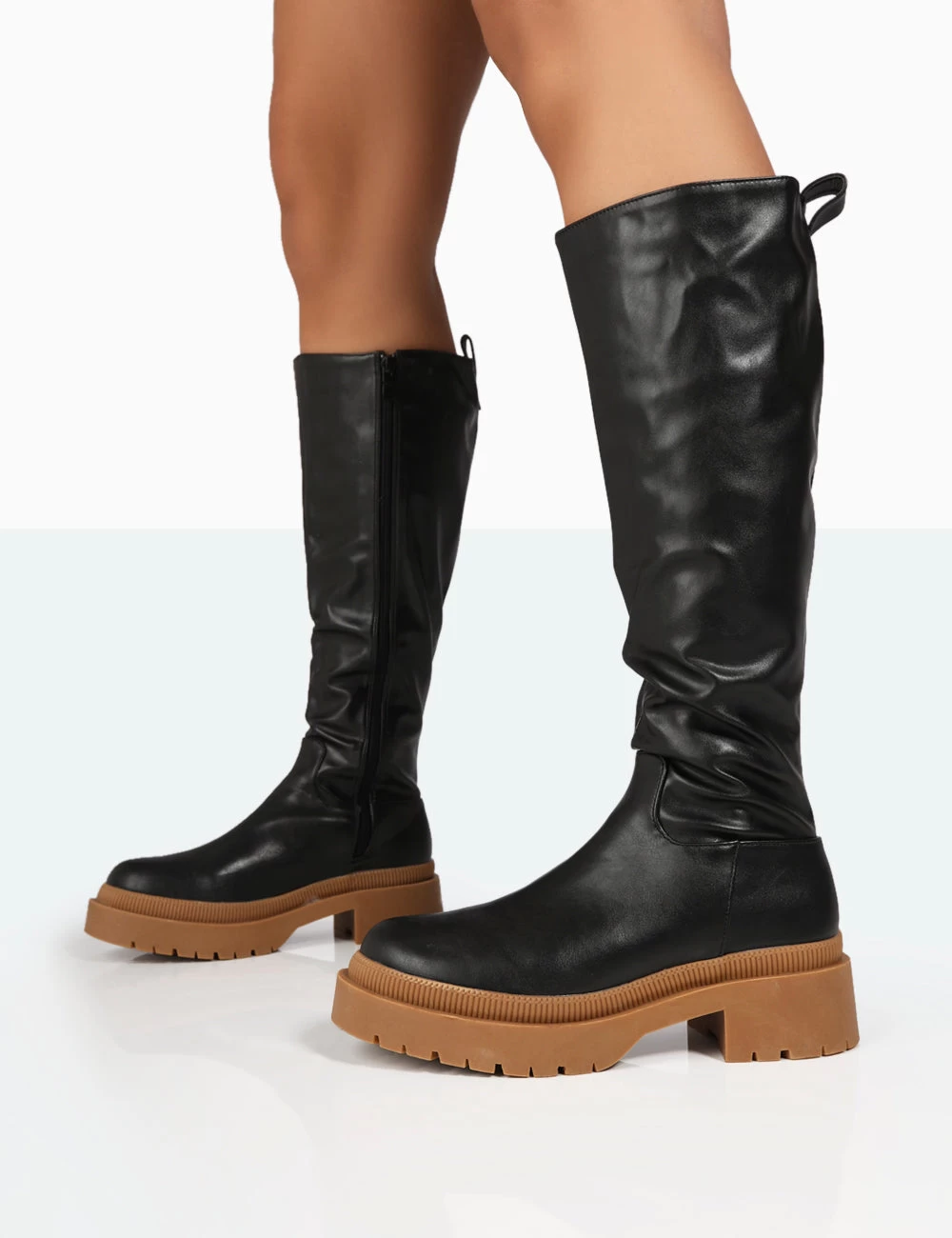 Jersey Black Pu Contrasting Chunky Sole Knee High Boots 2 Jersey Black Pu Contrasting Chunky Sole Knee High Boots - Image 2