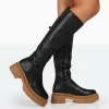 Jersey Black Pu Contrasting Chunky Sole Knee High Boots