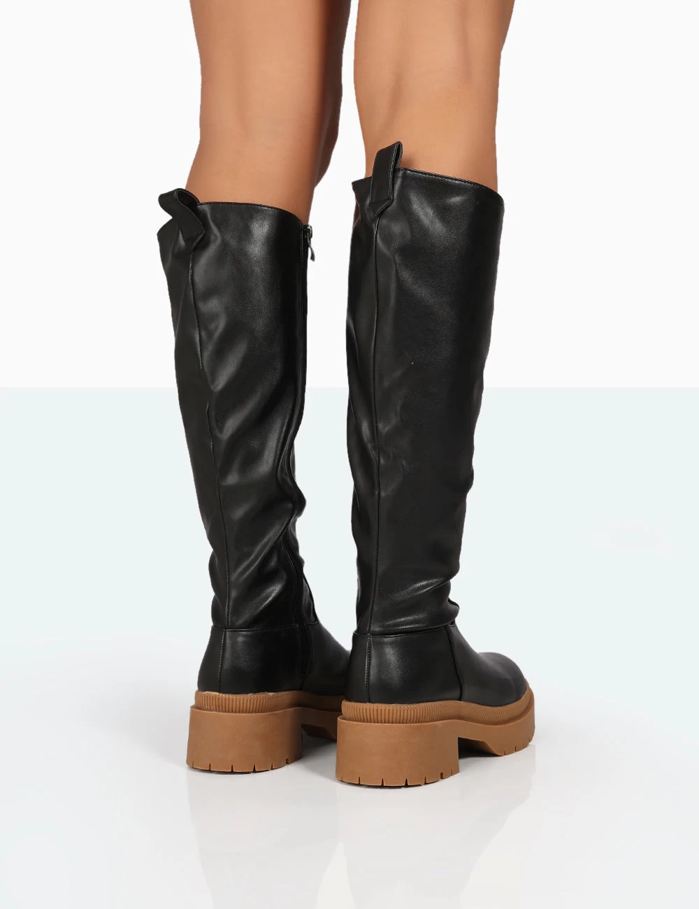 Jersey Black Pu Contrasting Chunky Sole Knee High Boots 3 Jersey Black Pu Contrasting Chunky Sole Knee High Boots - Image 3