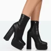 Supine Black Patent Croc Chunky Heeled Platform Ankle Boots