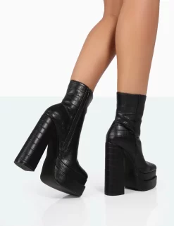 Supine Black Patent Croc Chunky Heeled Platform Ankle Boots -Chic Step Shop 771A8286