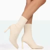 Farah Ecru Knitted Pointed Toe Stiletto Heel Ankle Sock Boots