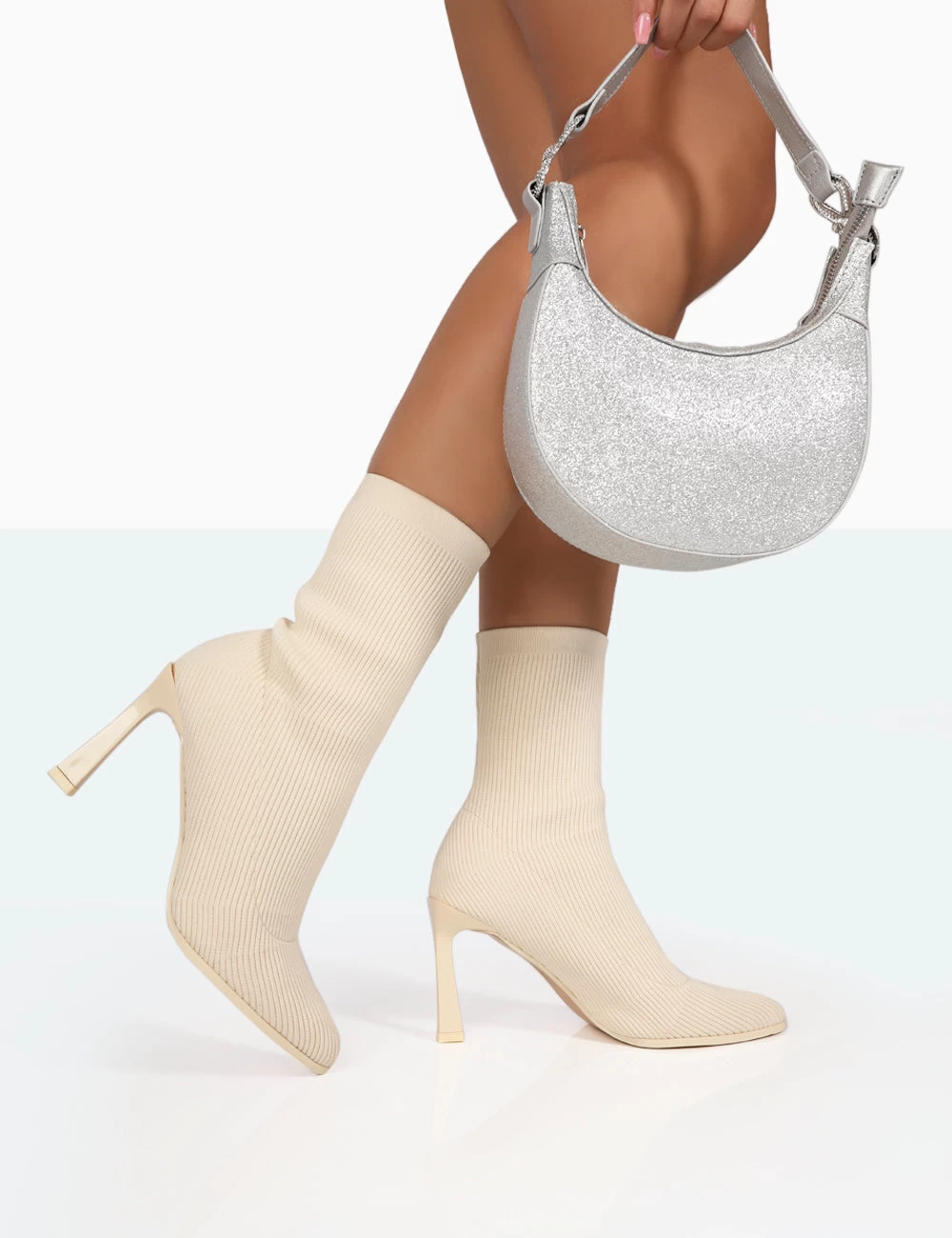 Farah Ecru Knitted Pointed Toe Stiletto Heel Ankle Sock Boots 2 Farah Ecru Knitted Pointed Toe Stiletto Heel Ankle Sock Boots - Image 2