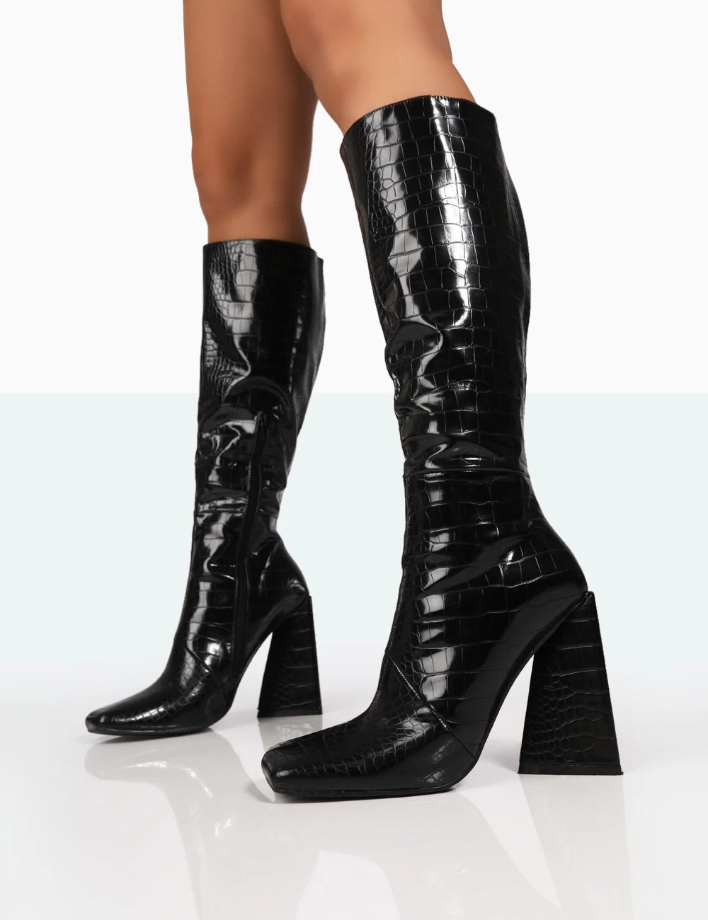 Senna Wide Fit Black Patent Croc Knee High Block Heeled Boots 3 Senna Wide Fit Black Patent Croc Knee High Block Heeled Boots - Image 3
