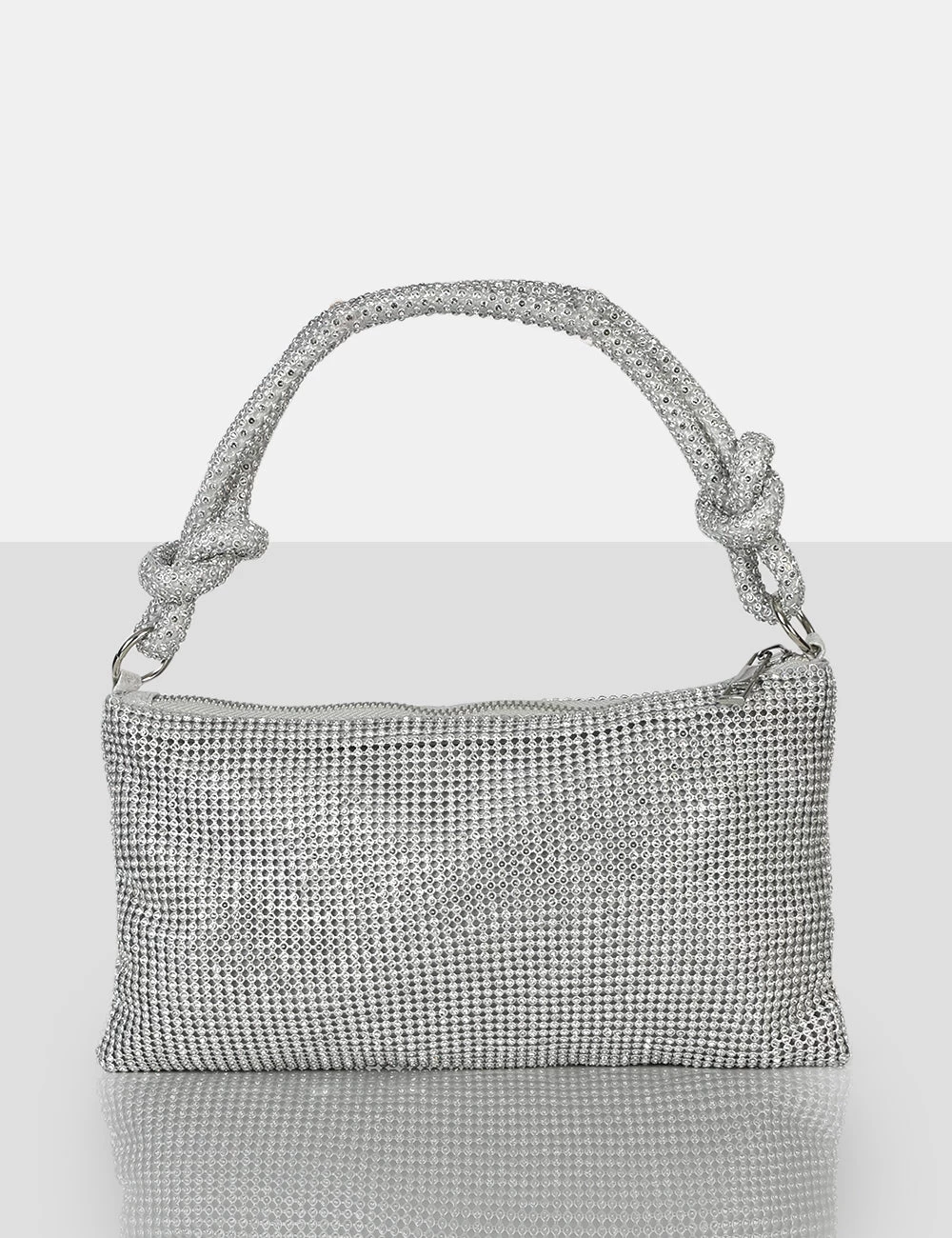 The Ingrid Silver Diamante Zip Up Knot Detail Mini Shoulder Bag 1 The Ingrid Silver Diamante Zip Up Knot Detail Mini Shoulder Bag