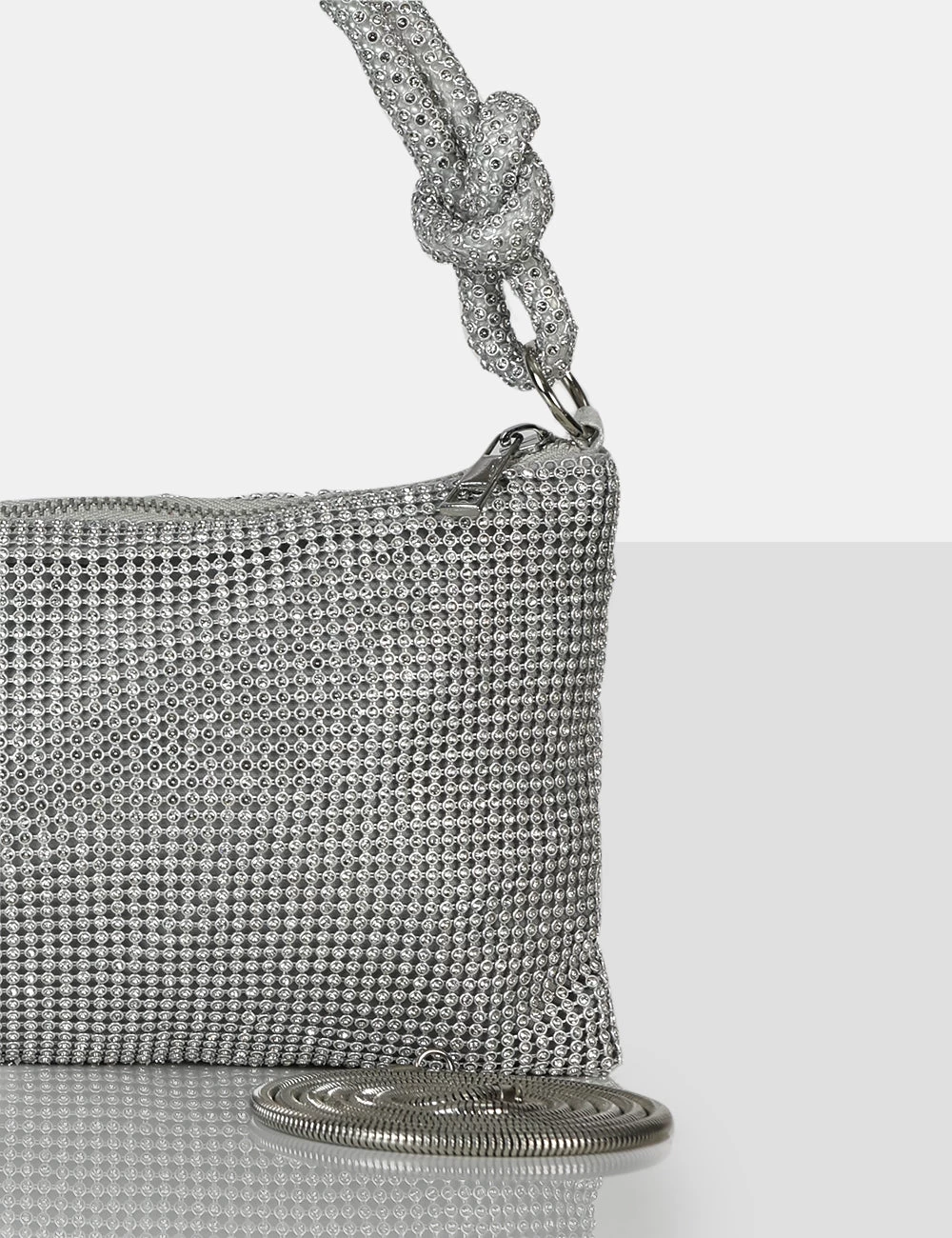 The Ingrid Silver Diamante Zip Up Knot Detail Mini Shoulder Bag 3 The Ingrid Silver Diamante Zip Up Knot Detail Mini Shoulder Bag - Image 3