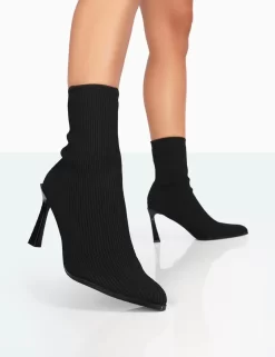 Farah Black Knitted Pointed Toe Stiletto Heel Ankle Sock Boots