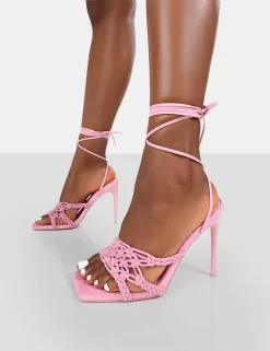 Seabreeze Pink Rope Woven Lace Up Square Toe Heels -Chic Step Shop 771A9214
