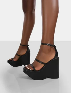 Duke Black Strappy Square Toe Platform Wedge High Heels -Chic Step Shop 771A9258