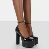 Donatella Black Patent Ankle Strap Block Heel Platform Court Shoes