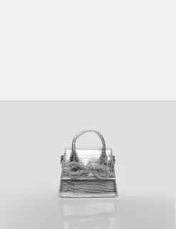 The Indy Silver Croc Pu Diamante Bow Mini Bag