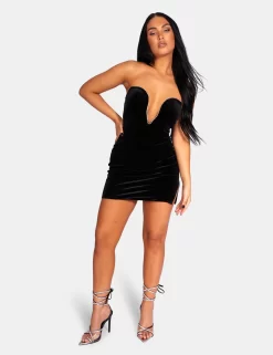 Plunge Front Diamante Trim Velvet Mini Dress Black -Chic Step Shop 771A96211Feb232017copy
