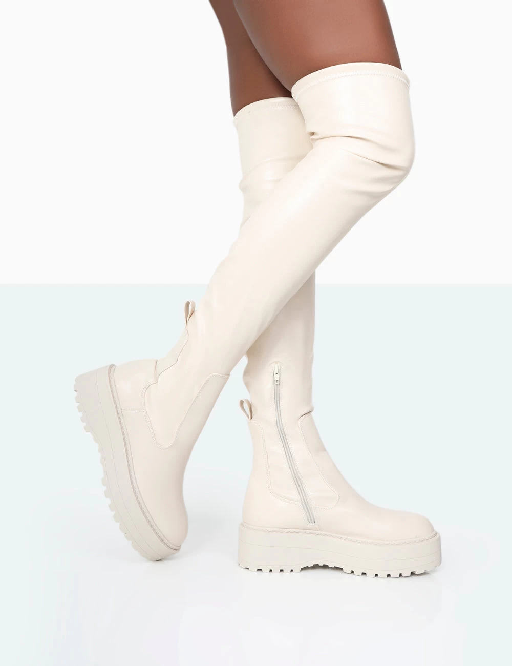 Pheonixe Ecru Pu Chunky Sole Round Toe Over The Knee Boots 1 Pheonixe Ecru Pu Chunky Sole Round Toe Over The Knee Boots