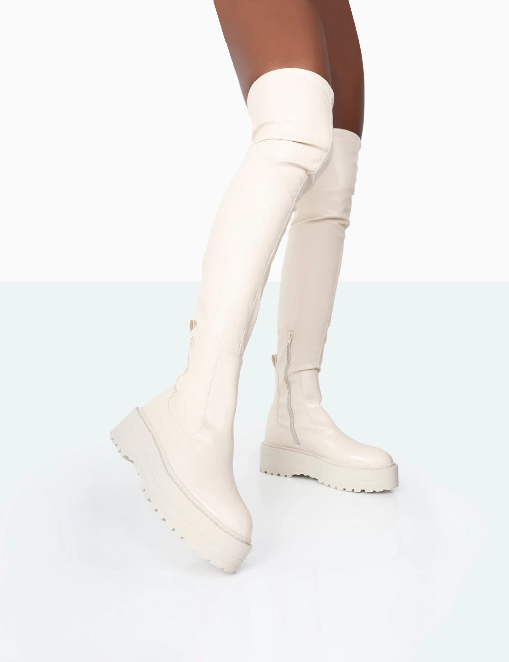 Pheonixe Ecru Pu Chunky Sole Round Toe Over The Knee Boots 2 Pheonixe Ecru Pu Chunky Sole Round Toe Over The Knee Boots - Image 2