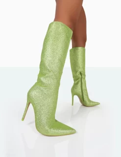Diva Lime Glitter Pointed Toe Stiletto Knee High Boots