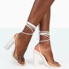 Date-Night Wide Fit White Croc Lace Up Clear Perspex Square Toe Heels