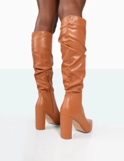 Mine Caramel PU Pointed Toe Block Heeled Knee High Boots -Chic Step Shop 771A9952