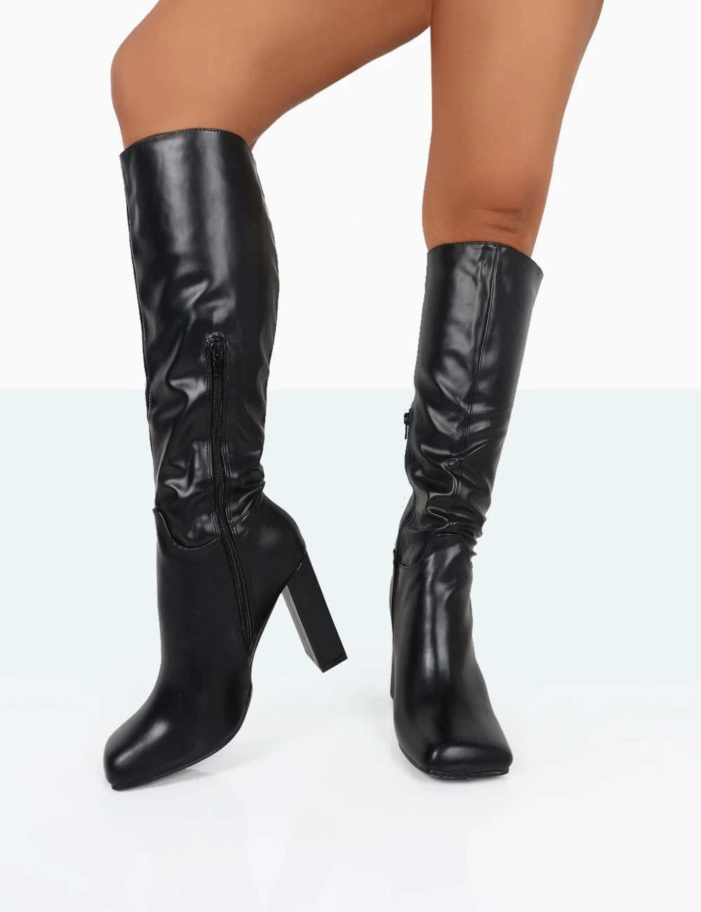 Gia Black Box PU Square Toe Block Heel Knee High Boots 2 Gia Black Box PU Square Toe Block Heel Knee High Boots - Image 2