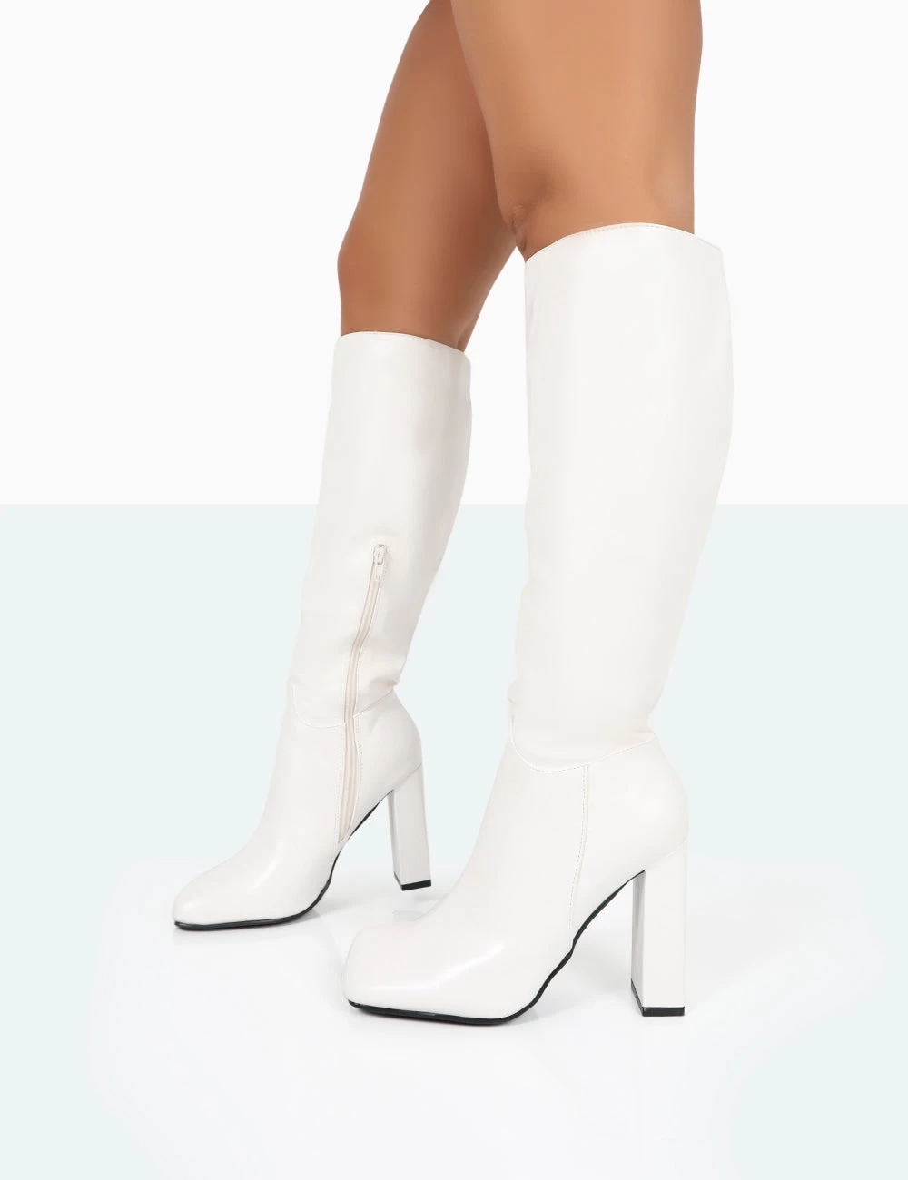 Gia Ecru Box PU Square Toe Block Heel Knee High Boots 3 Gia Ecru Box PU Square Toe Block Heel Knee High Boots - Image 3