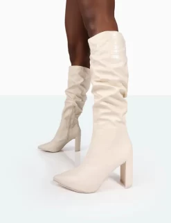 Mine Ecru Croc Pointed Toe Block Heeled Knee High Boots -Chic Step Shop 771A9959 1d26f9d7 c47e 4f8d 9520 332b7c39f41c