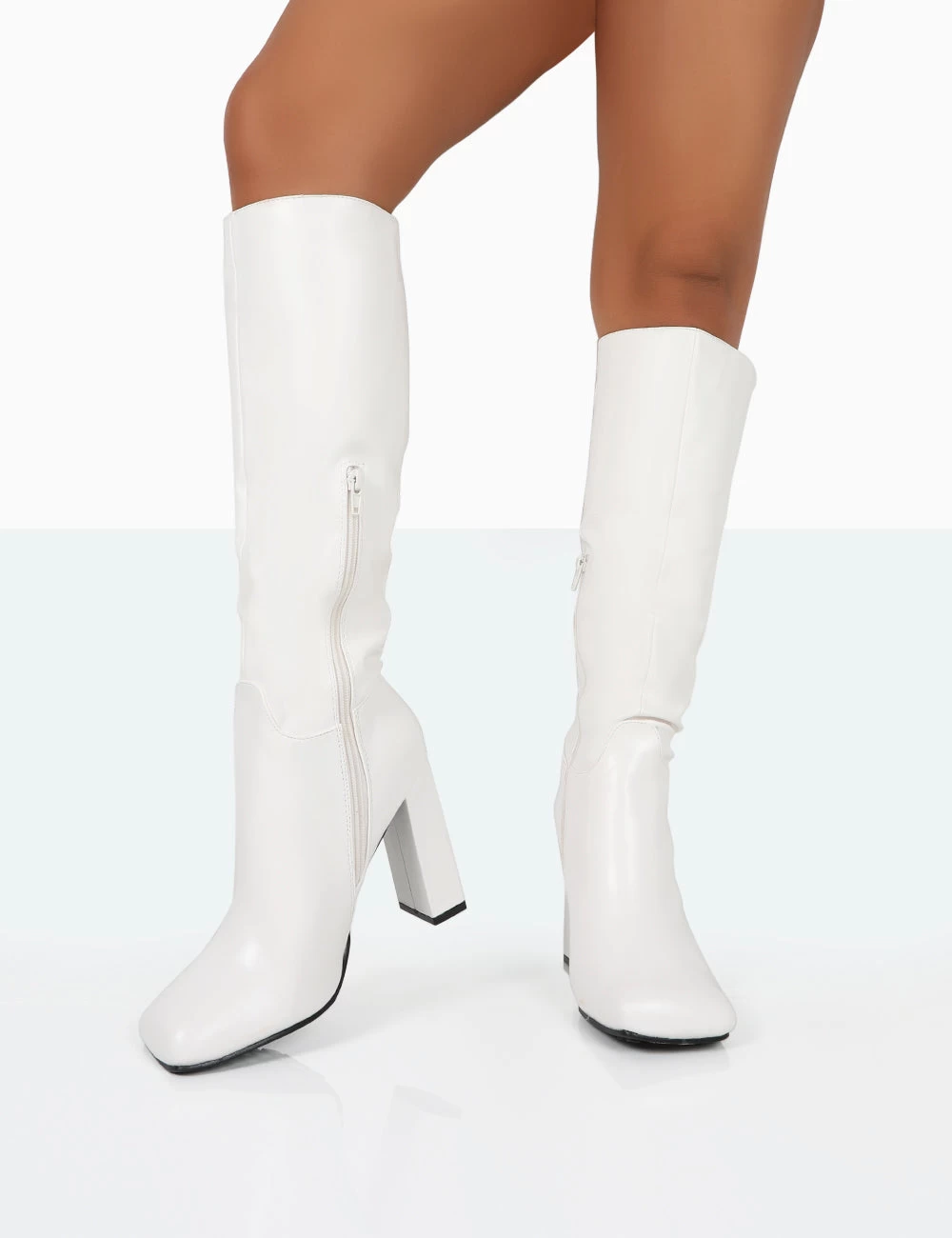 Gia Ecru Box PU Square Toe Block Heel Knee High Boots 2 Gia Ecru Box PU Square Toe Block Heel Knee High Boots - Image 2