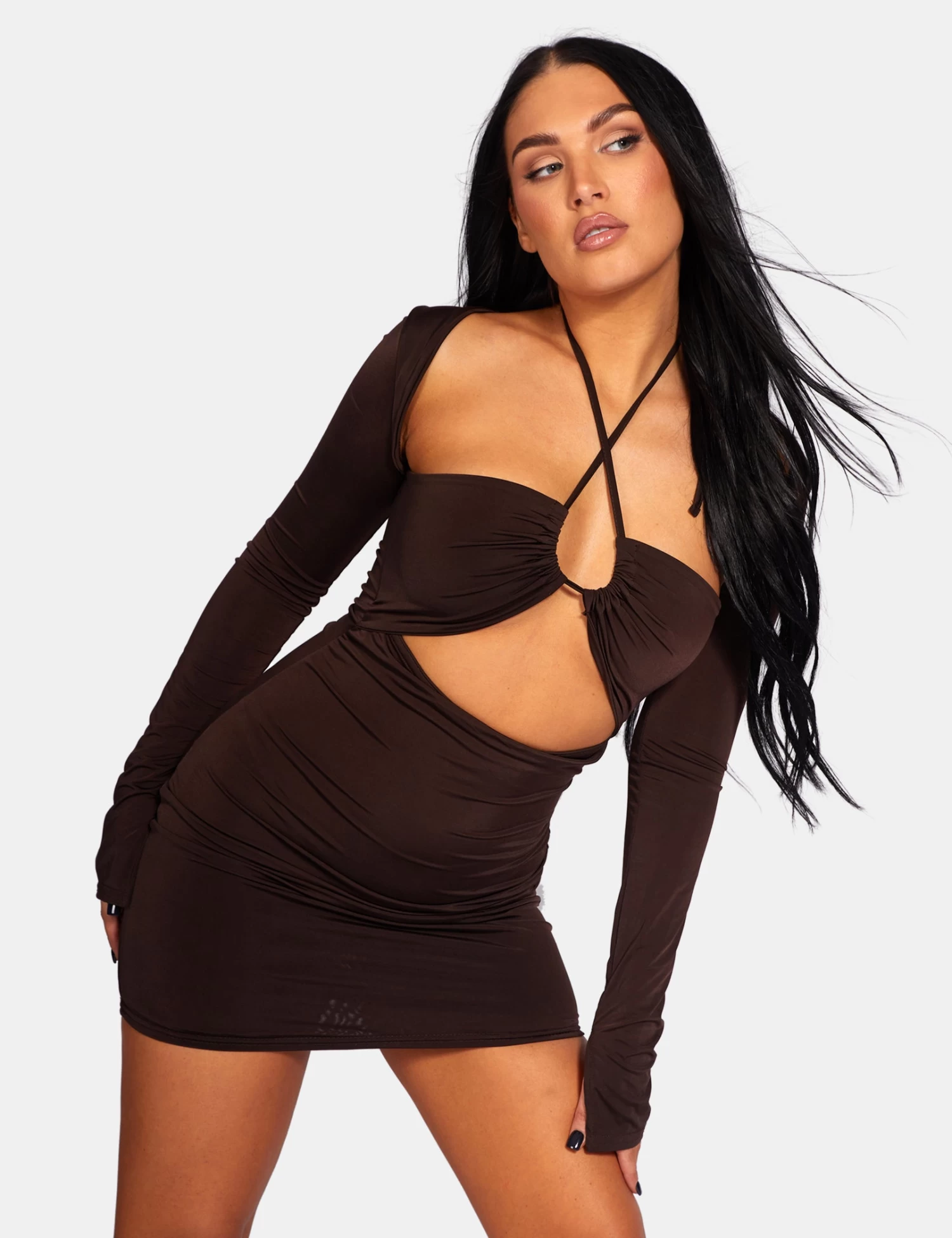 Slinky Ruch Bust Cut Out Long Sleeved Dress Chocolate 3 Slinky Ruch Bust Cut Out Long Sleeved Dress Chocolate - Image 3