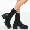 Everdeen Black PU And Knit Chunky Heeled Platform Sock Ankle Boots