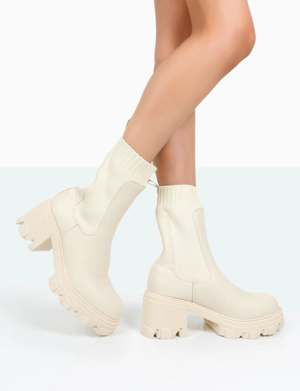 Everdeen Ecru PU And Knit Chunky Heeled Platform Sock Ankle Boots 2 Everdeen Ecru PU And Knit Chunky Heeled Platform Sock Ankle Boots - Image 2