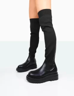 New-Me Black Pu And Knit Over The Knee Chunky Sole Sock Fit Boots -Chic Step Shop 771A9994 5e591756 5fd0 4d38 9e3d 271395c29961