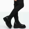 New-Me Black Pu And Knit Over The Knee Chunky Sole Sock Fit Boots