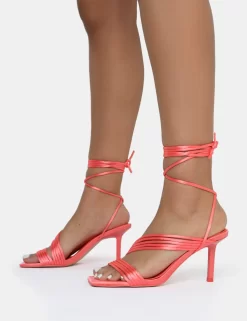 Esla Coral Satin Multi Strap Lace Up Square Toe Mid Stiletto Heels -Chic Step Shop AQ4A0007 scaled
