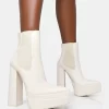 Cady Ecru Pu Platform Pointed Toe Block Heel Ankle Boots
