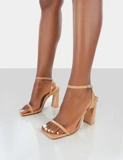 Charlotte Camel Patent Square Toe Strappy Block Heels -Chic Step Shop CHARLOTTEPATENTCAMELSIDE
