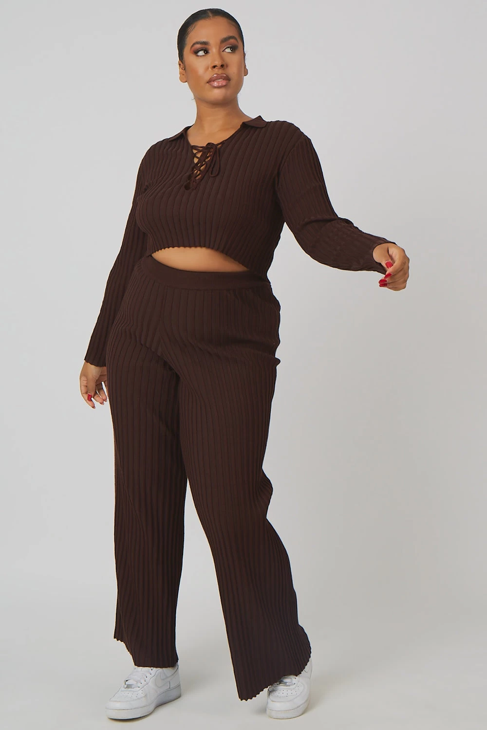 Curve Ribbed Knitted Wide Leg Trousers Chocolate 1 Curve Ribbed Knitted Wide Leg Trousers Chocolate