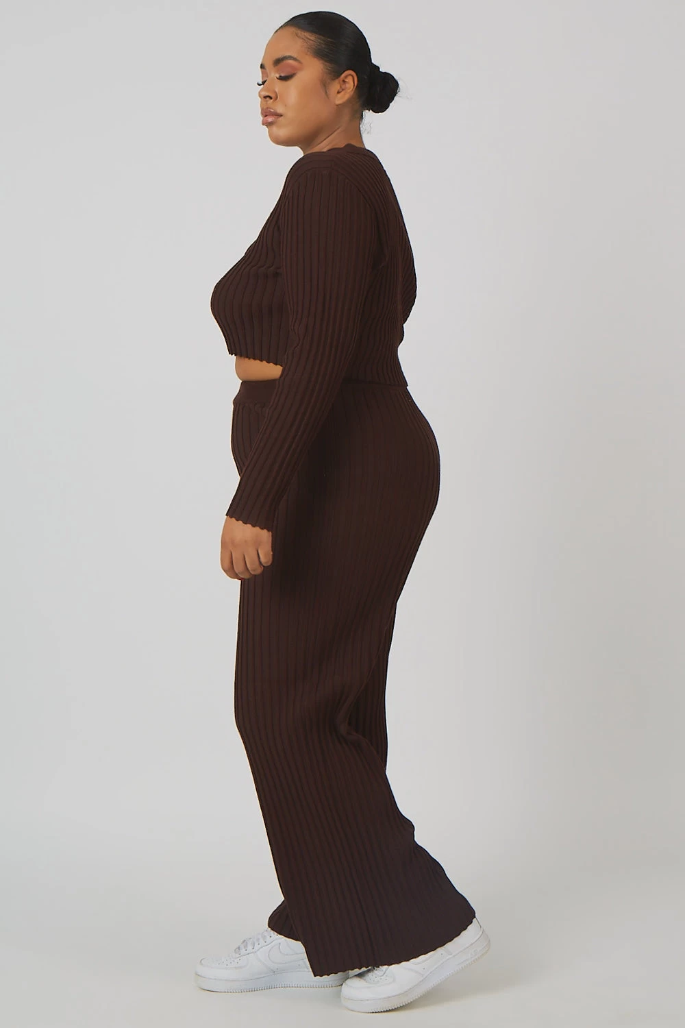 Curve Ribbed Knitted Wide Leg Trousers Chocolate 3 Curve Ribbed Knitted Wide Leg Trousers Chocolate - Image 3