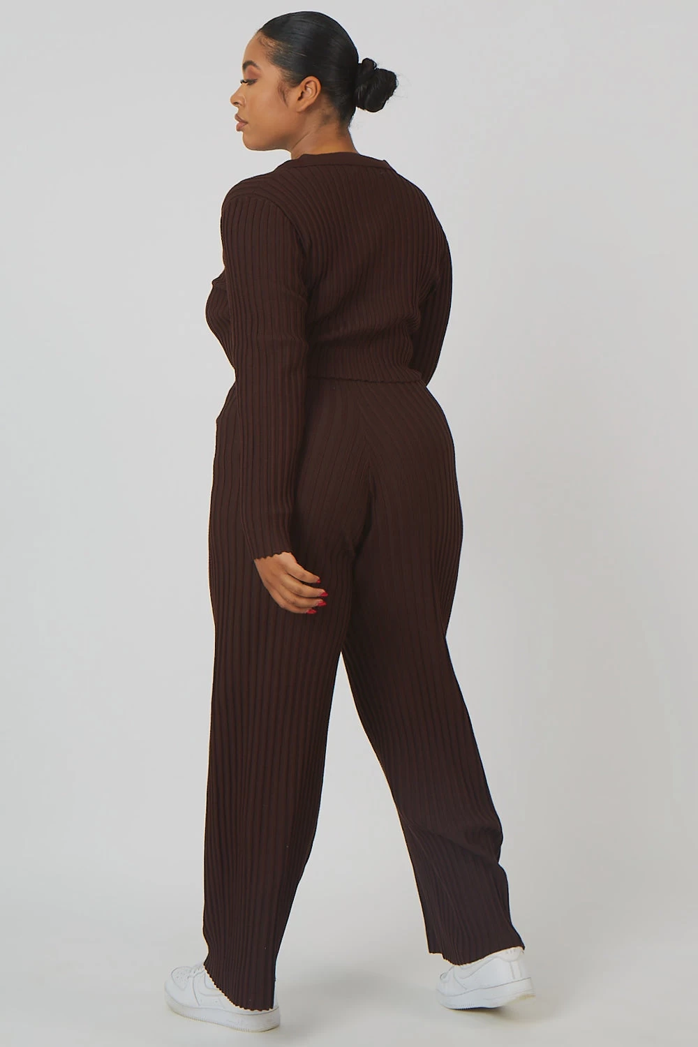 Curve Ribbed Knitted Wide Leg Trousers Chocolate 2 Curve Ribbed Knitted Wide Leg Trousers Chocolate - Image 2