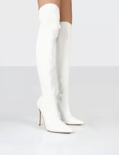 Confidence White Stiletto Heeled Over The Knee PU Boots