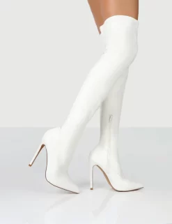Confidence White Stiletto Heeled Over The Knee PU Boots -Chic Step Shop CONFIDENCEWHITEWALKING