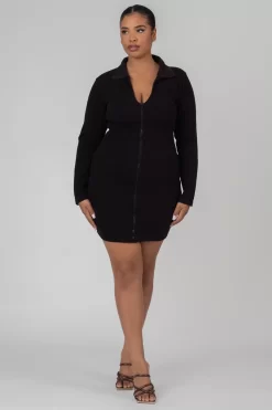 Curve Zip Through Collared Mini Dress Black -Chic Step Shop CPDR00091